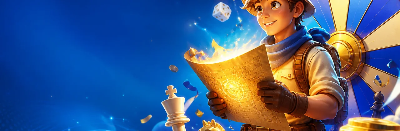 Banner hướng dẫn PG99 với nhà thám hiểm và bản đồ phát sáng