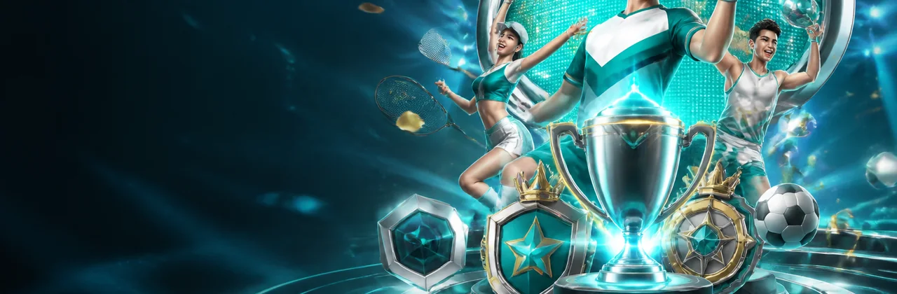 Banner bảng xếp hạng PG99 với cúp và huy hiệu trên sân khấu